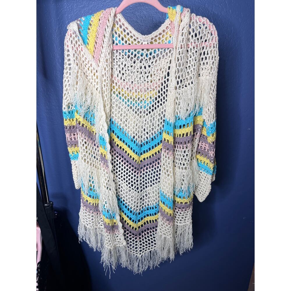 POL Crochet Open-Front Multicolor Fringe Cardigan S NWOT